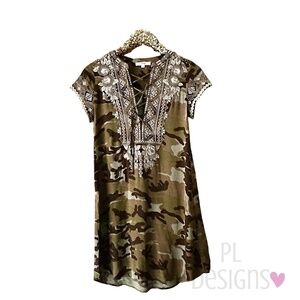 Andre By Unit‎ Camo Embroidered Lace-Up Boho Tunic Dress Size Small